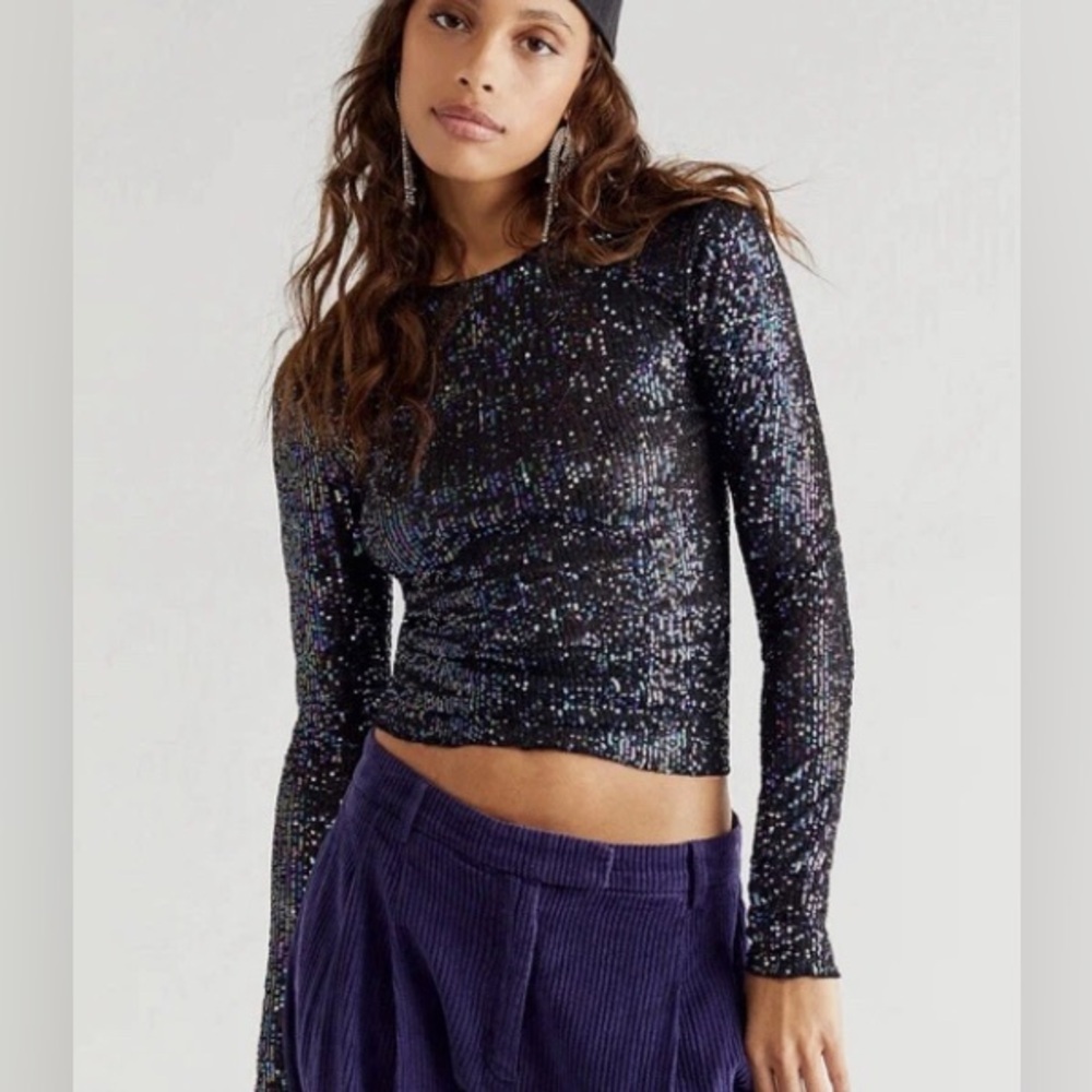 FREE PEOPLE Gold Rush Sequin Long Sleeve Top size S black sheer Multi Colored